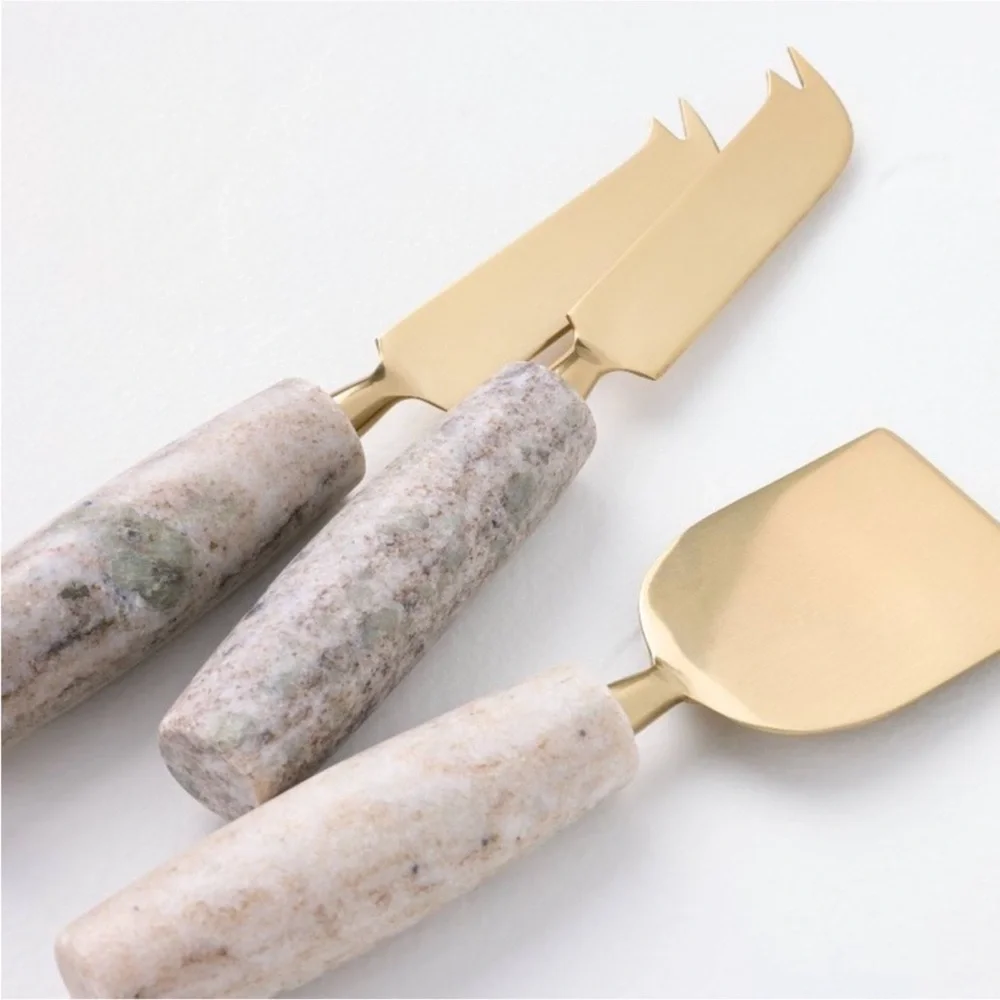 Hearth & Hand Magnolia 3pc Brass Cheese Knives w/ Marble Handles Beige NEW!